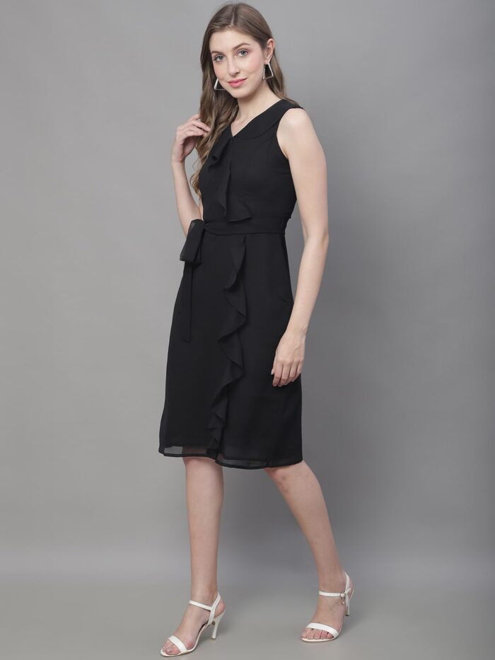 Women's Black Solid Color Ruffles Detail Midi Dress