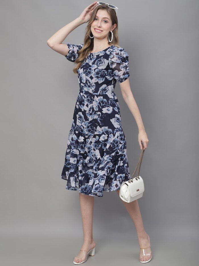 Women's Navy & White Floral Print Tiered Midi Dress