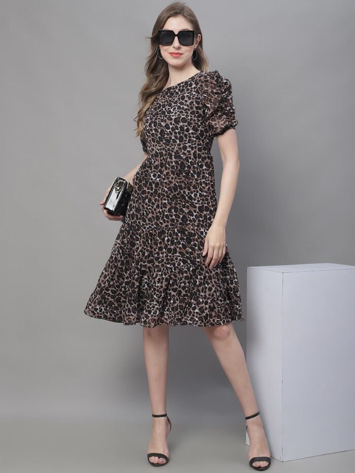 Women's Black & Beige Animal Print Tiered Midi Dress