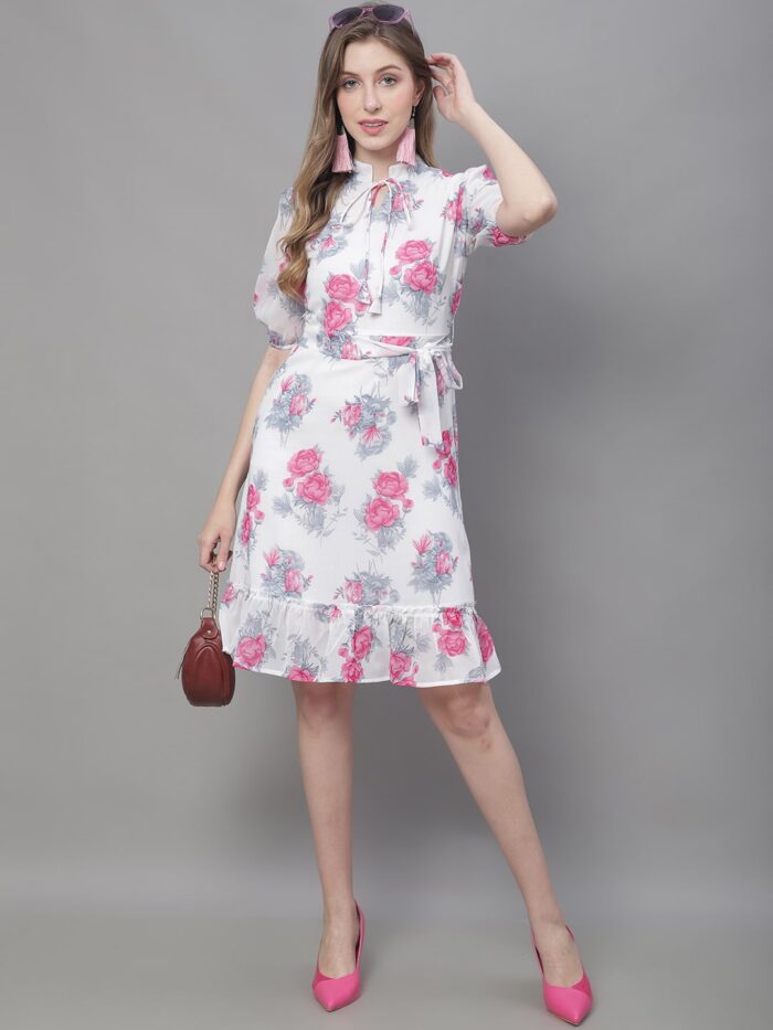 Women'sWhite Floral Print Tie-Up Neck Midi Dress