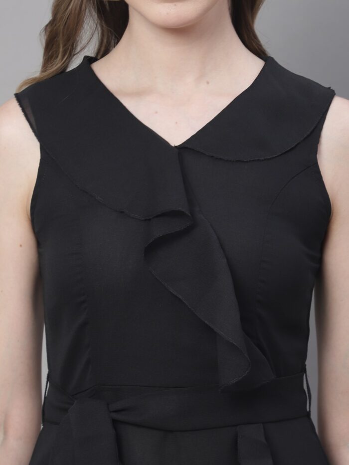 Women's Black Solid Color Ruffles Detail Midi Dress