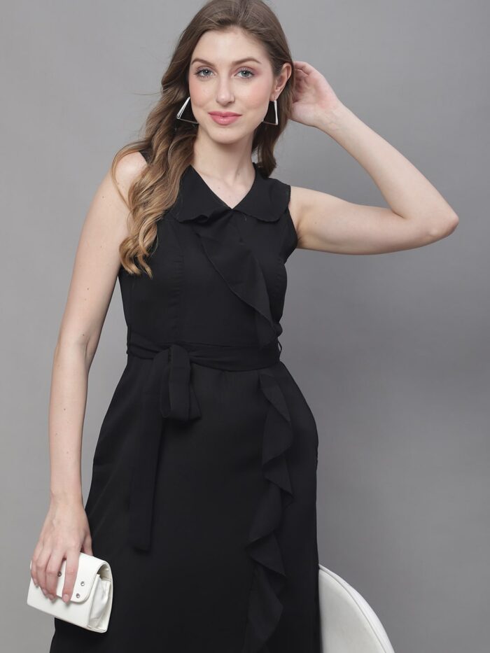 Women's Black Solid Color Ruffles Detail Midi Dress