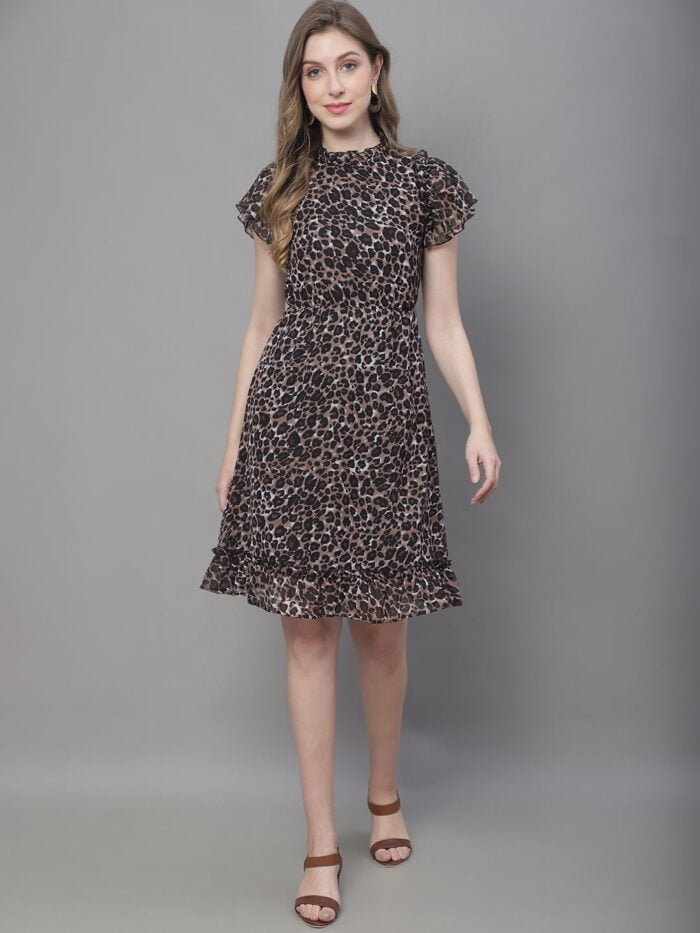 Women's Black & Beige Animal Print Midi Dress