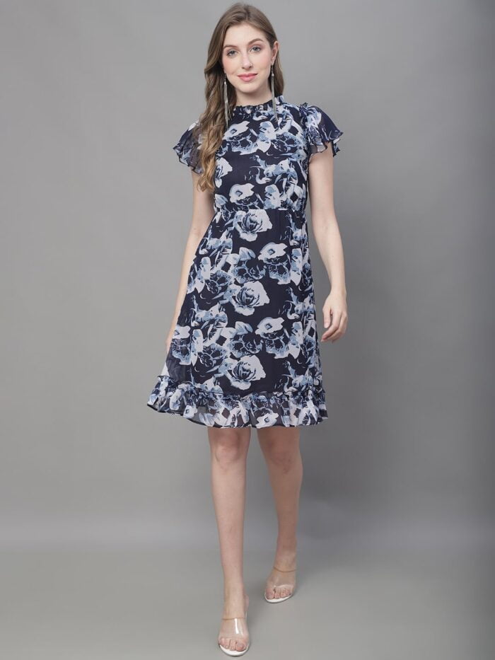 Women's Navy & White Floral Print Midi Dress