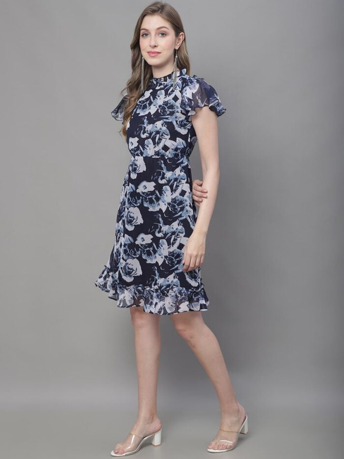 Women's Navy & White Floral Print Midi Dress