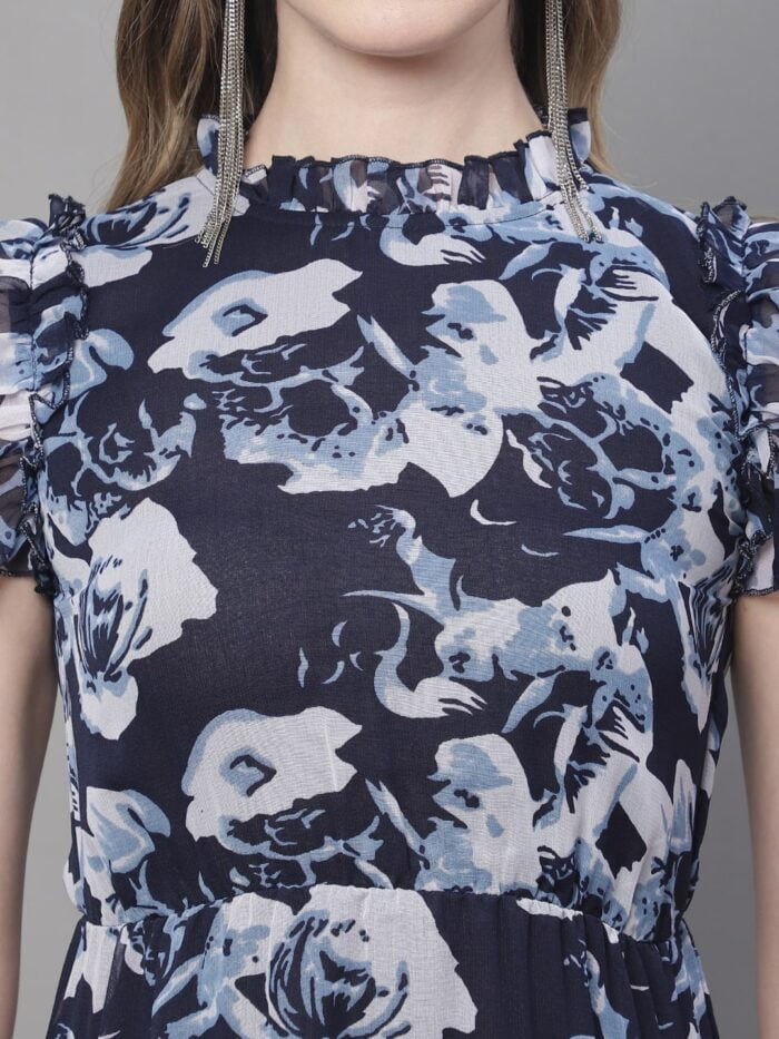Women's Navy & White Floral Print Midi Dress
