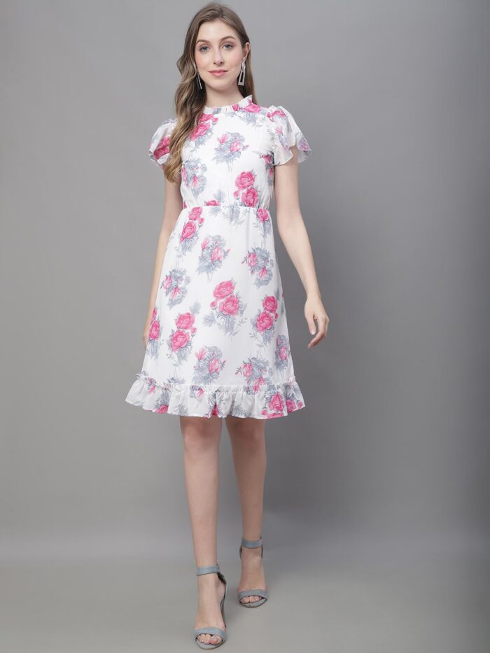 Women's White Floral Print Midi Dress