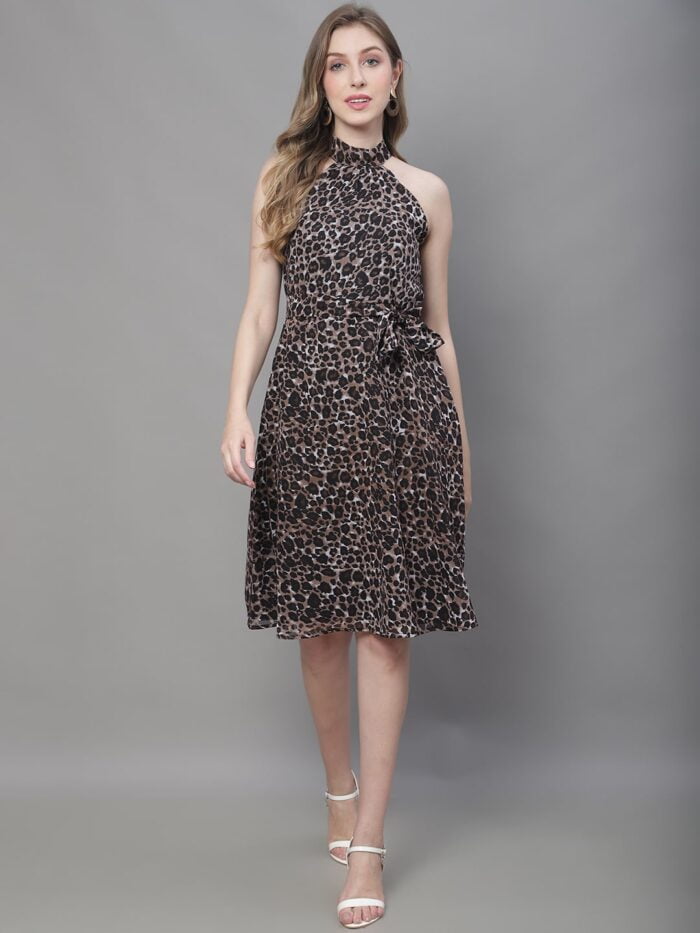 Women's Black & Beige Animal Print Halter Neck Midi Dress