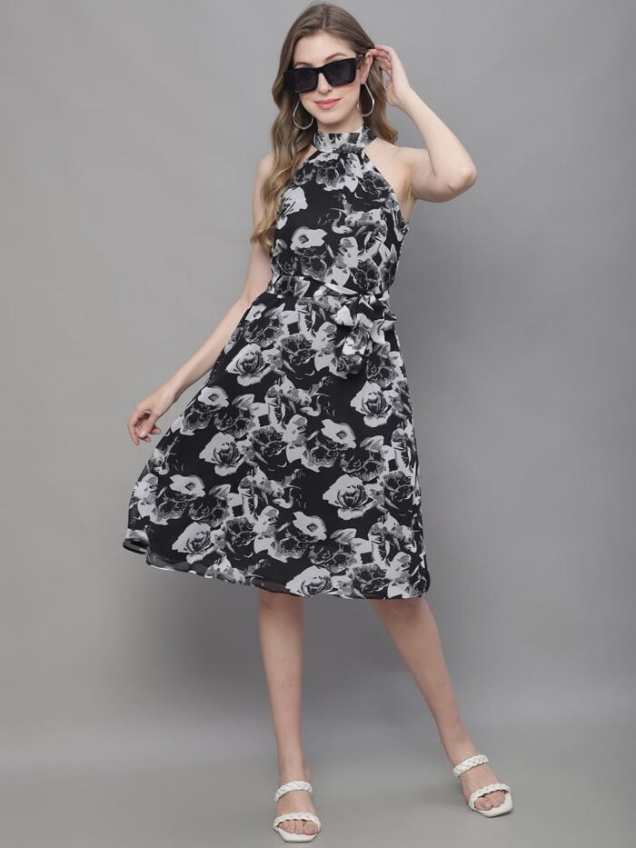 Women's Black & White Floral Print Halter Neck Midi Dress