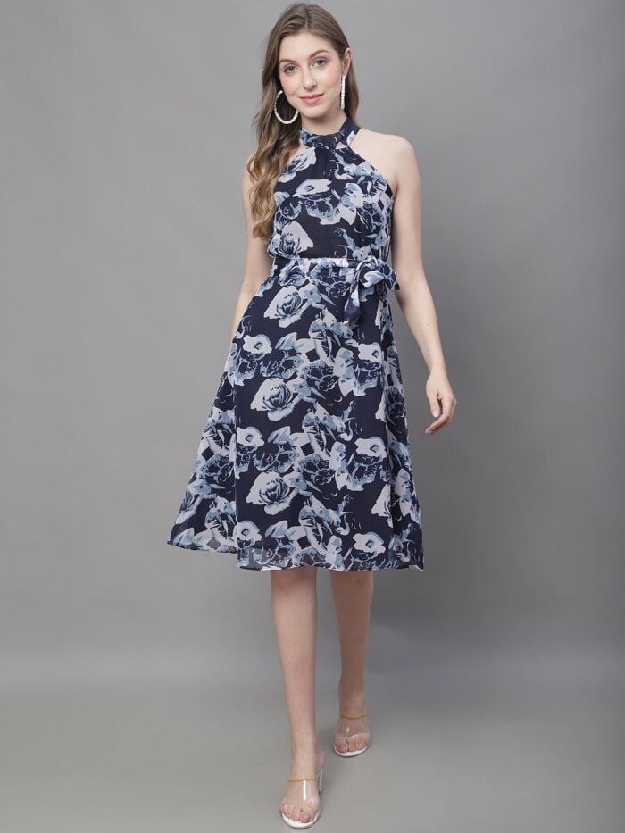 Women's Navy & White Floral Print Halter Neck Midi Dress