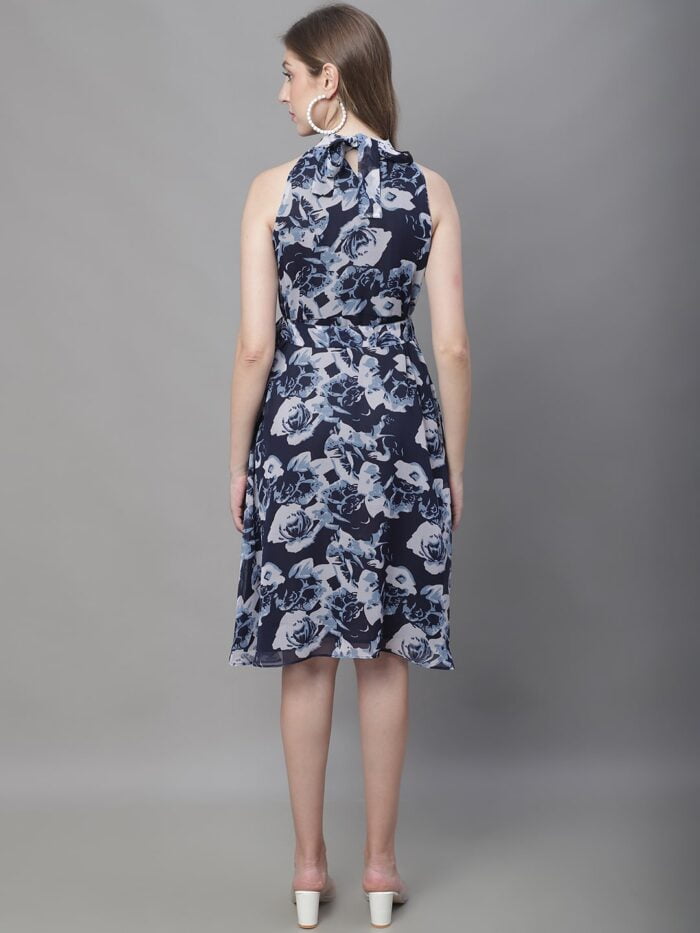 Women's Navy & White Floral Print Halter Neck Midi Dress