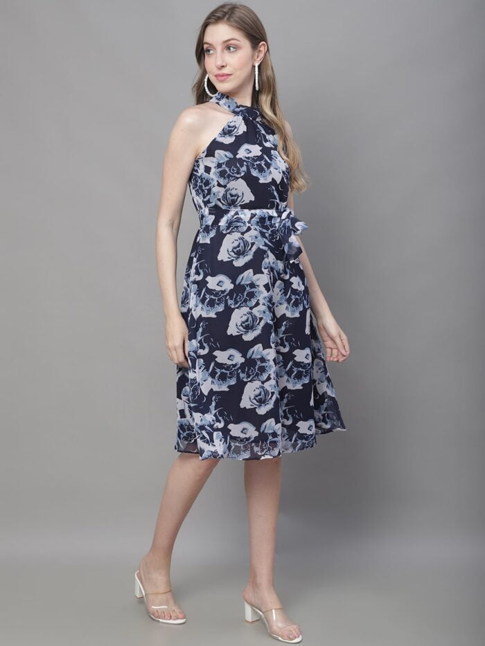 Women's Navy & White Floral Print Halter Neck Midi Dress