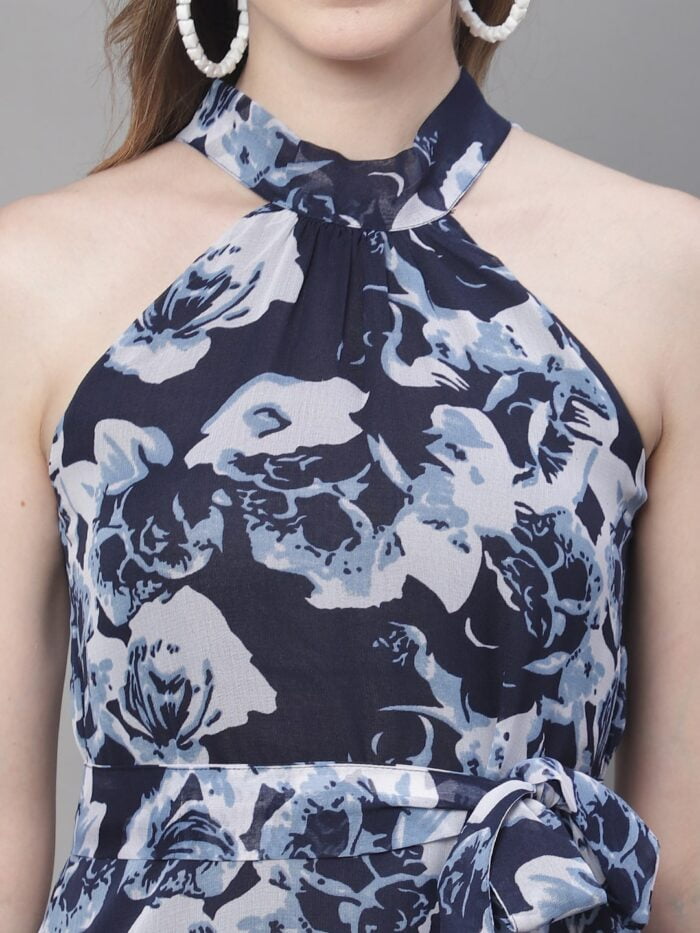 Women's Navy & White Floral Print Halter Neck Midi Dress