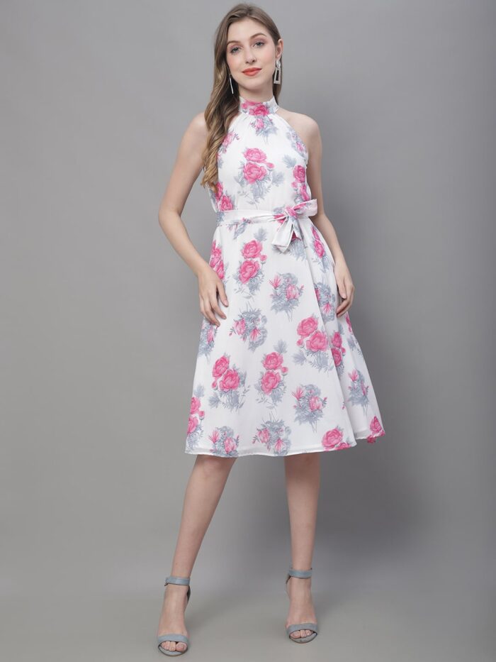 Women's White Floral Print Halter Neck Midi Dress