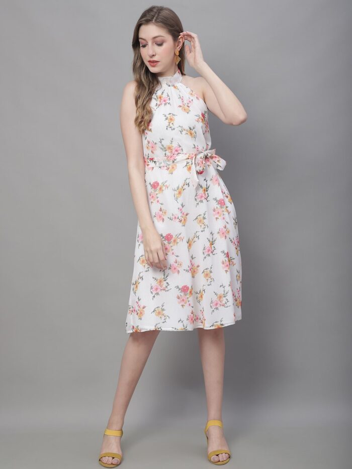 Women's Off White Floral Print Halter Neck Midi Dress