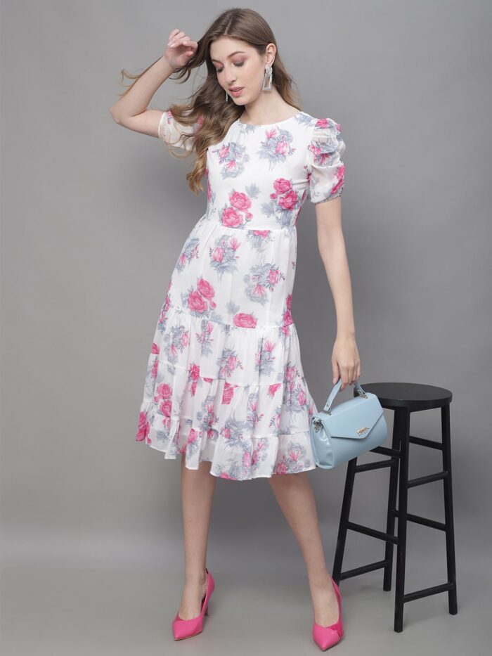 Women's White Floral Print Tiered Midi Dress