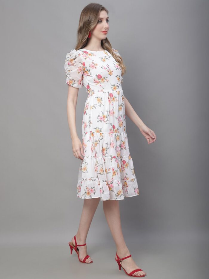 Women's Off White Floral Print Tiered Midi Dress