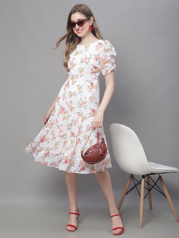 Women's Off White Floral Print Tiered Midi Dress