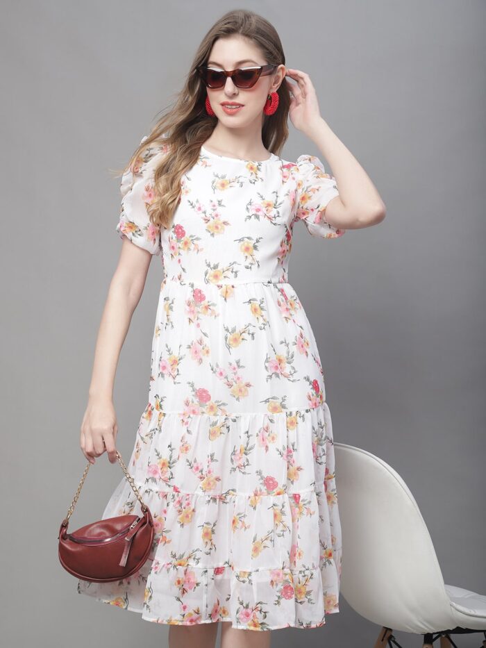 Women's Off White Floral Print Tiered Midi Dress