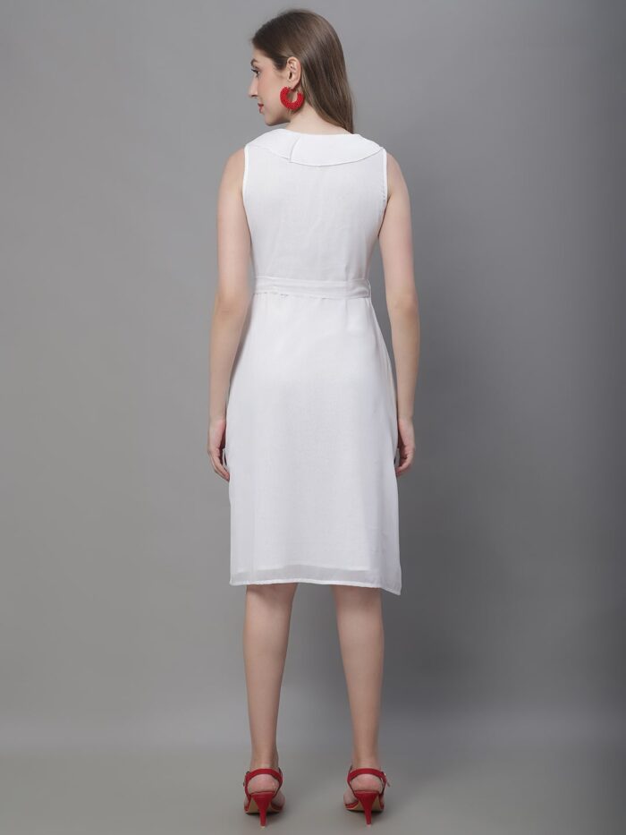 Women's White Solid Color Ruffles Detail Midi Dress