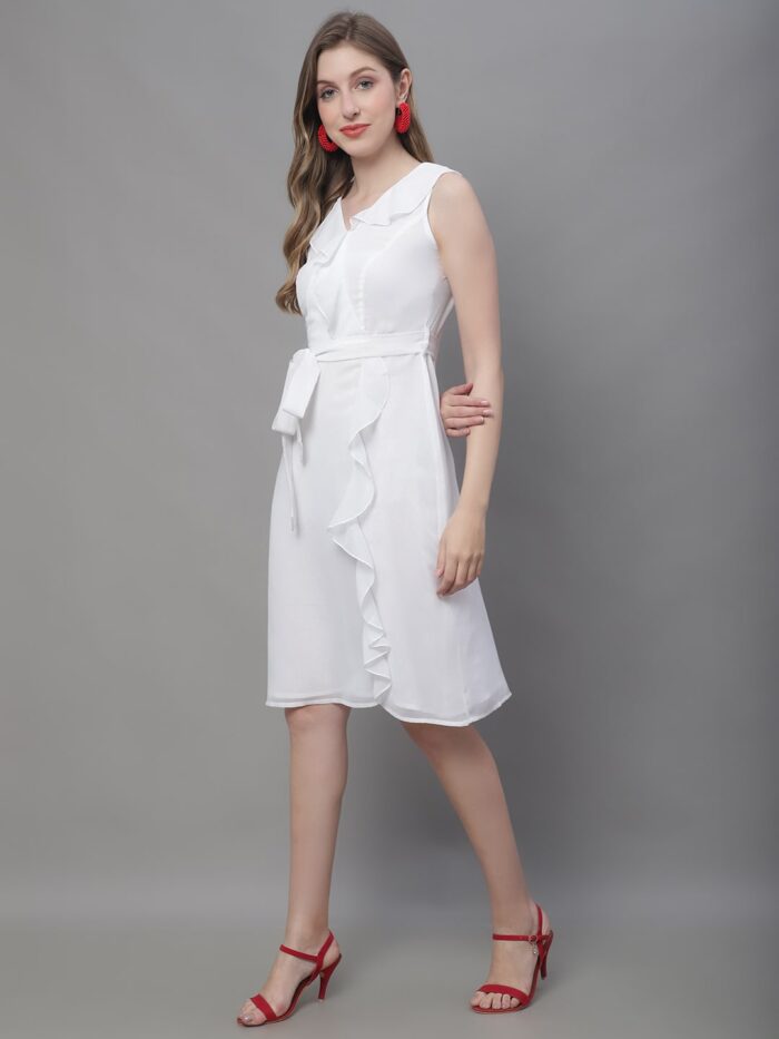 Women's White Solid Color Ruffles Detail Midi Dress