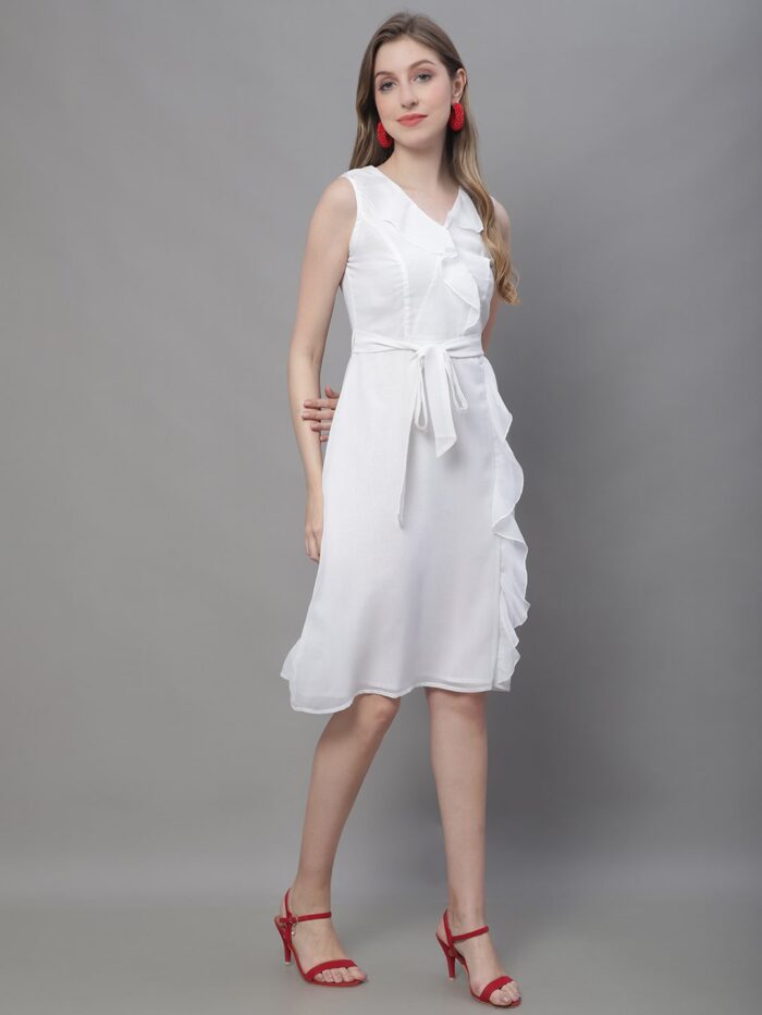 Women's White Solid Color Ruffles Detail Midi Dress