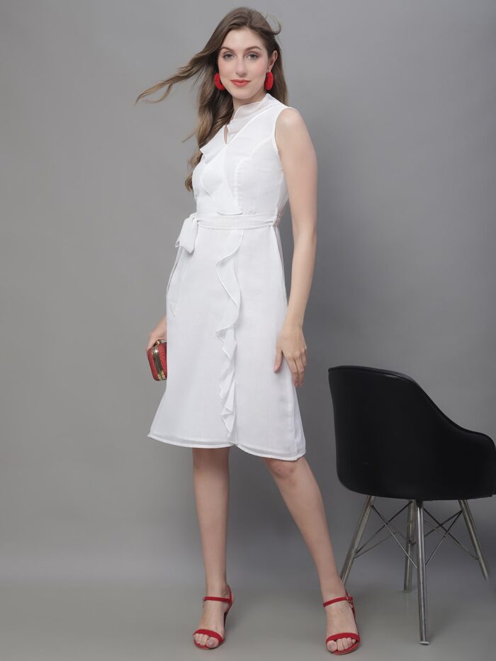 Women's White Solid Color Ruffles Detail Midi Dress