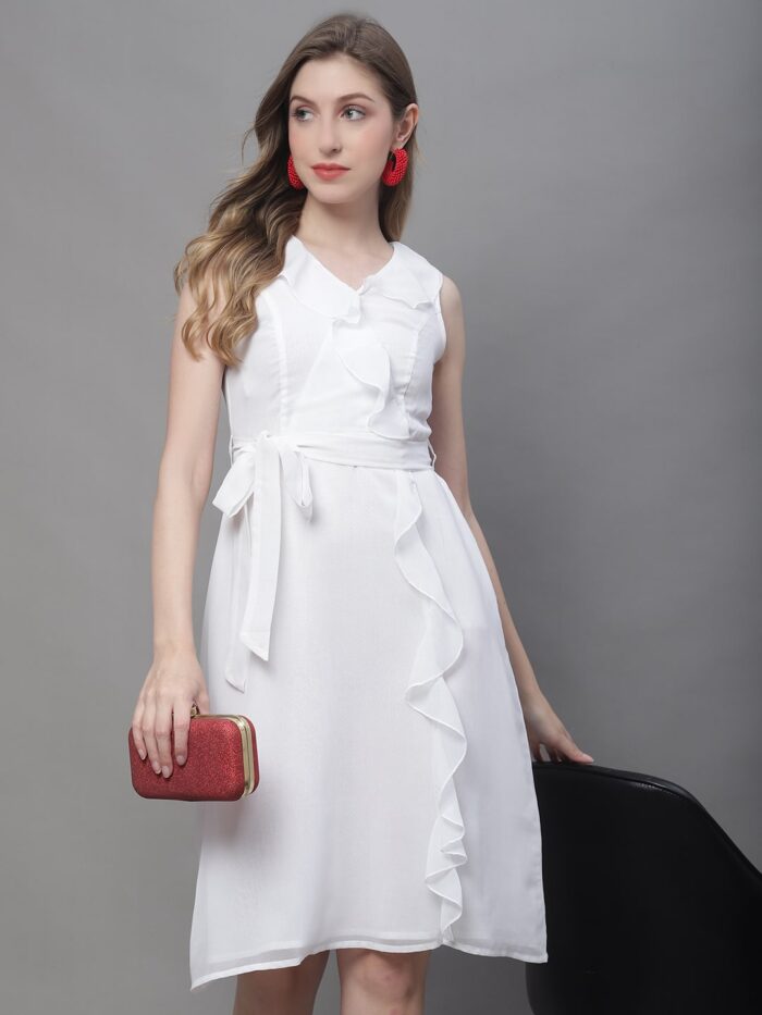 Women's White Solid Color Ruffles Detail Midi Dress