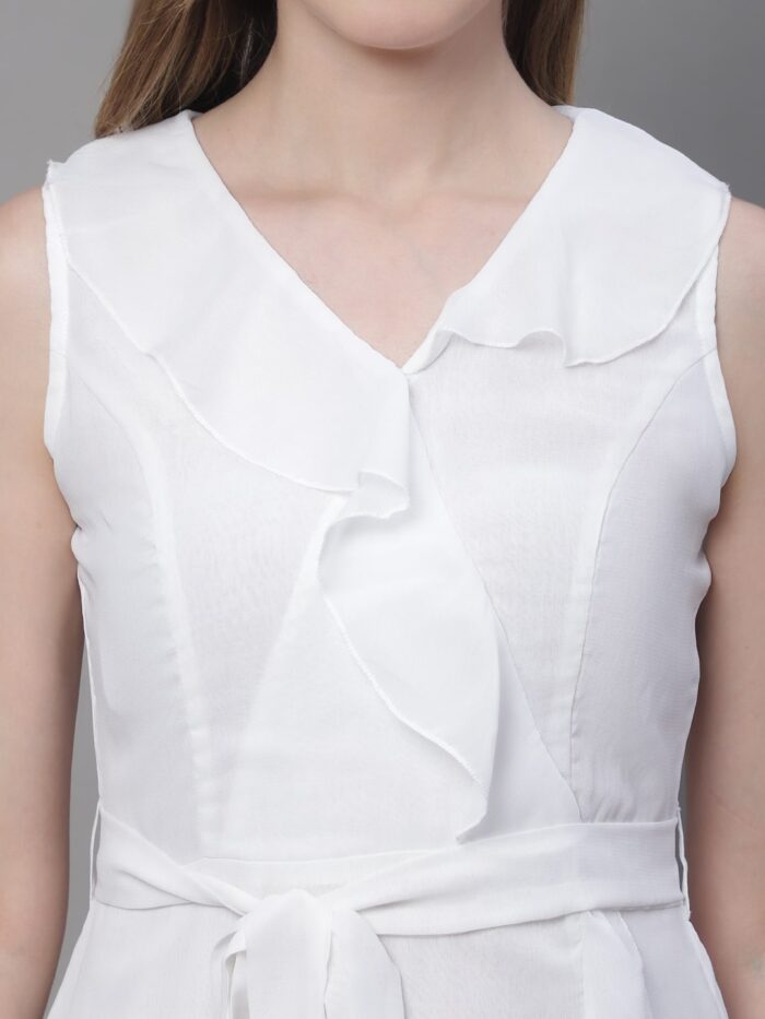Women's White Solid Color Ruffles Detail Midi Dress