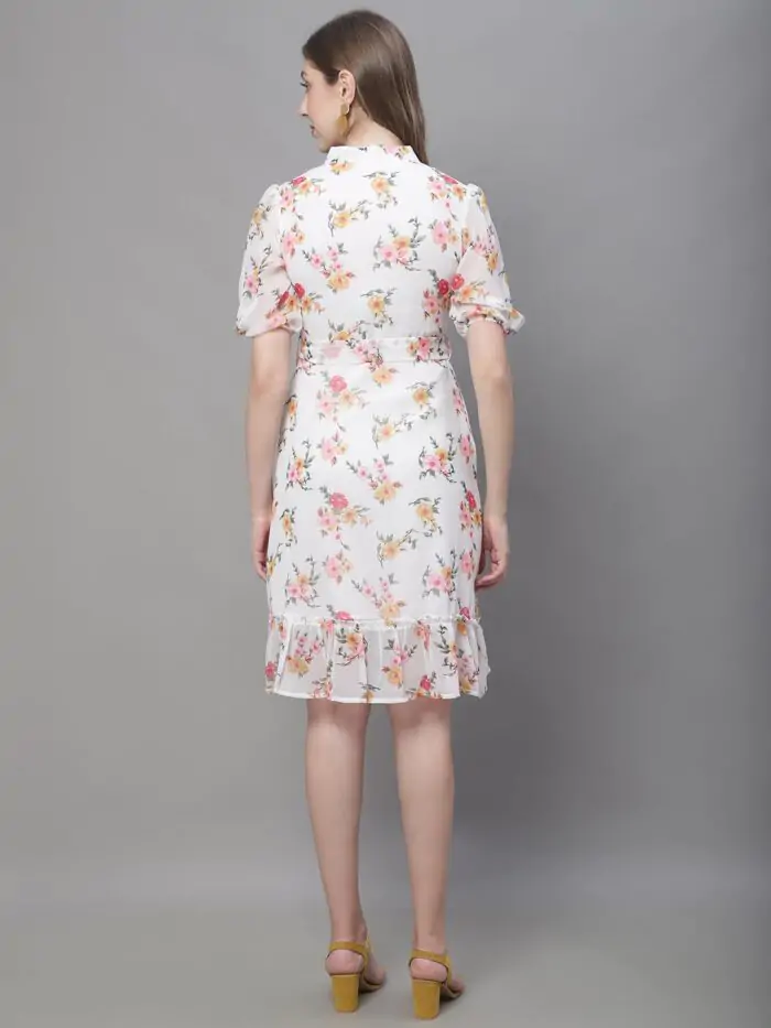 Women's Off White Floral Print Tie-Up Neck Midi Dress