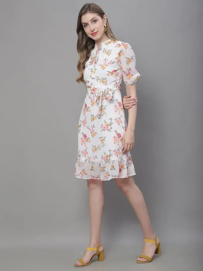 Women's Off White Floral Print Tie-Up Neck Midi Dress