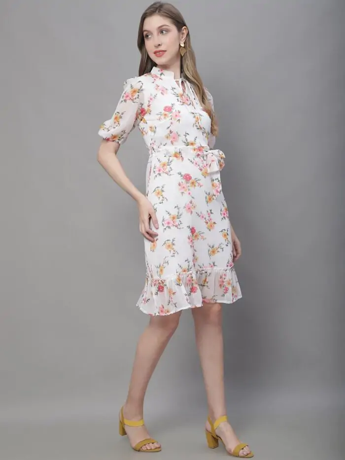 Women's Off White Floral Print Tie-Up Neck Midi Dress