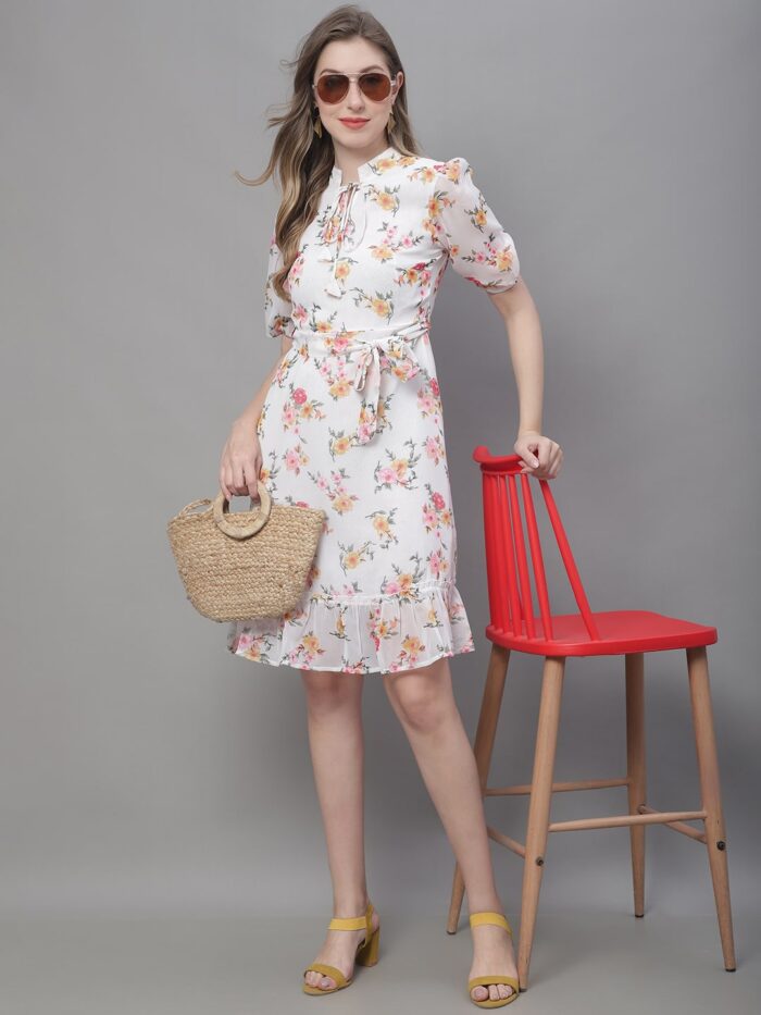 Women's Off White Floral Print Tie-Up Neck Midi Dress