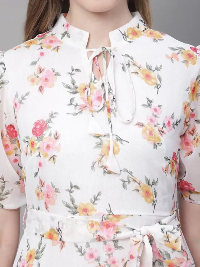 Women's Off White Floral Print Tie-Up Neck Midi Dress