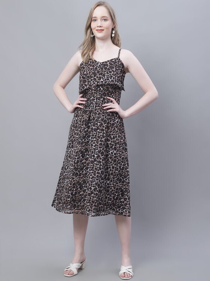 Women's Animal Printed Shoulder Strap Pleated Midi Dress