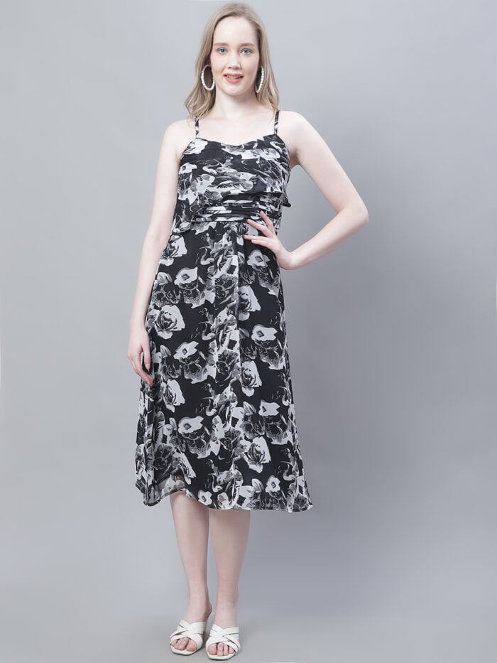 Women's Black Rose Printed Shoulder Strap Pleated Midi Dress