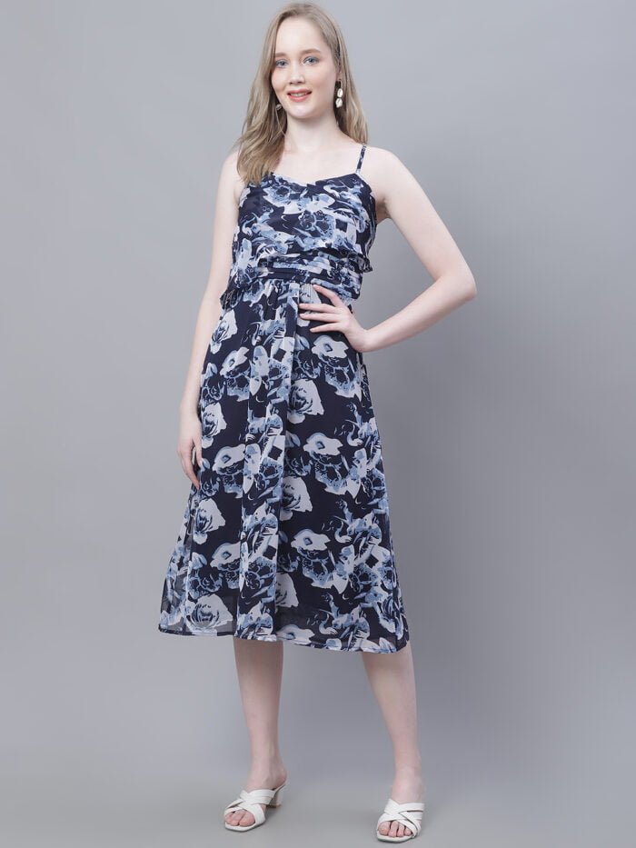 Women's Navy Rose Printed Shoulder Strap Pleated Midi Dress