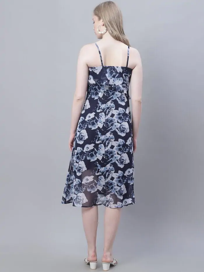 Women's Navy Rose Printed Shoulder Strap Pleated Midi Dress