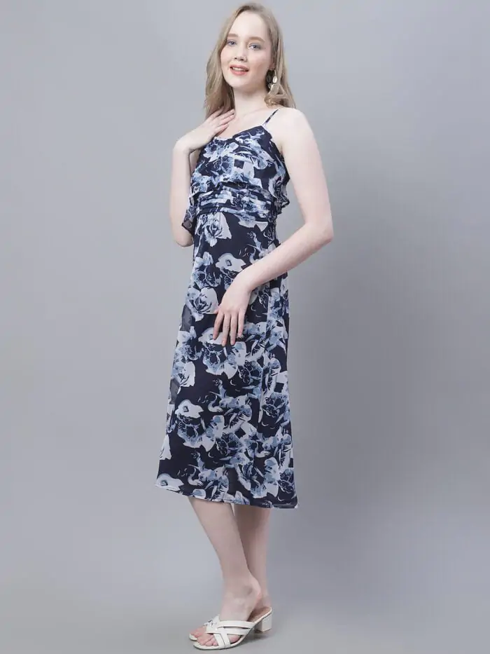 Women's Navy Rose Printed Shoulder Strap Pleated Midi Dress