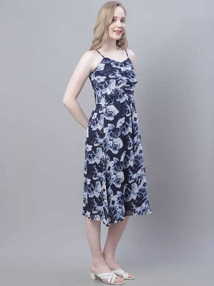 Women's Navy Rose Printed Shoulder Strap Pleated Midi Dress