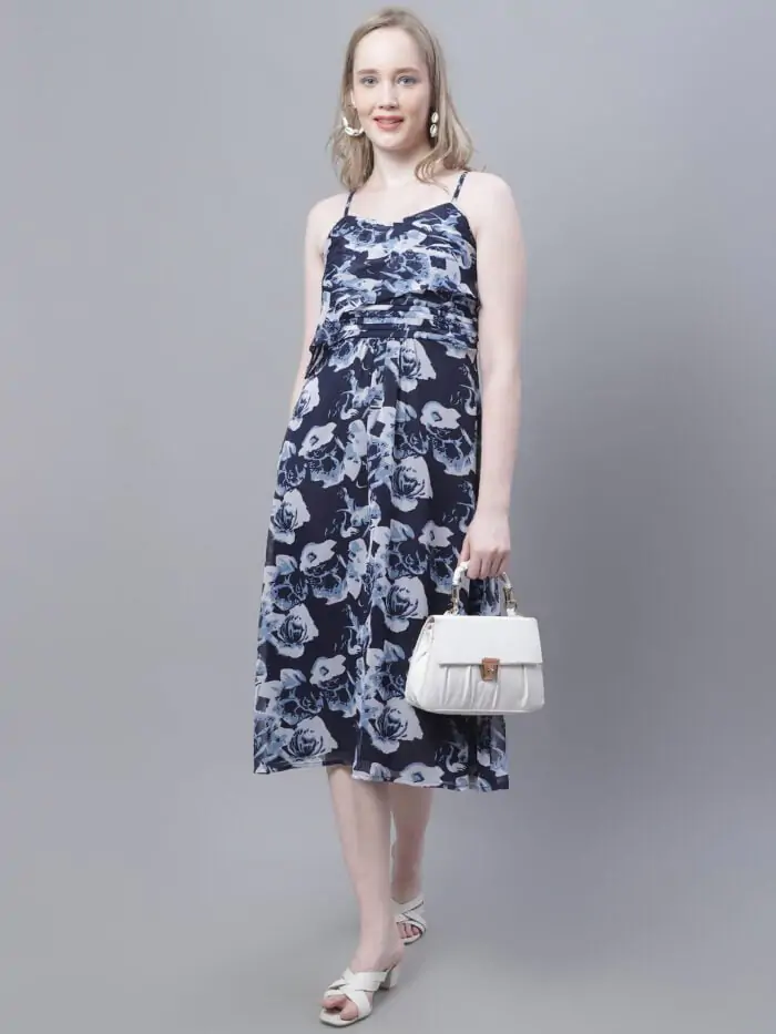 Women's Navy Rose Printed Shoulder Strap Pleated Midi Dress