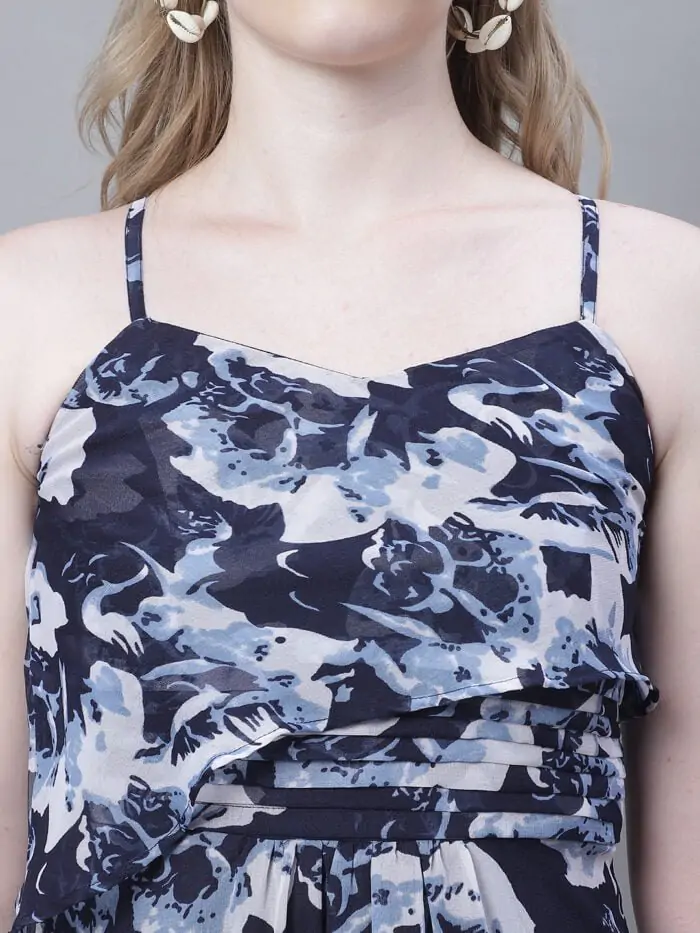 Women's Navy Rose Printed Shoulder Strap Pleated Midi Dress