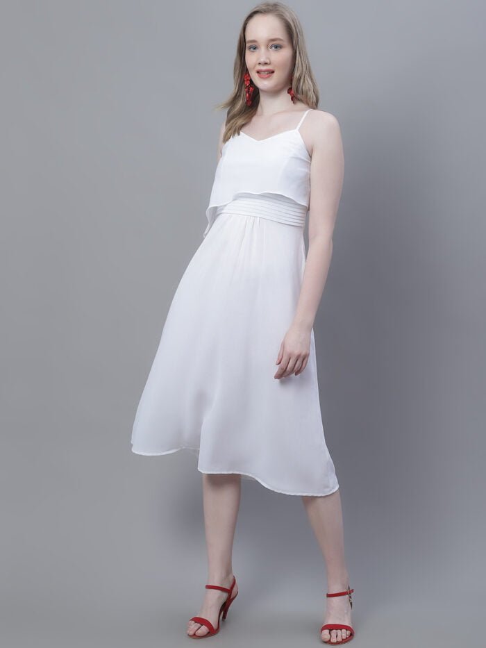 Women's White Solid Color Shoulder Strap Pleated Midi Dress