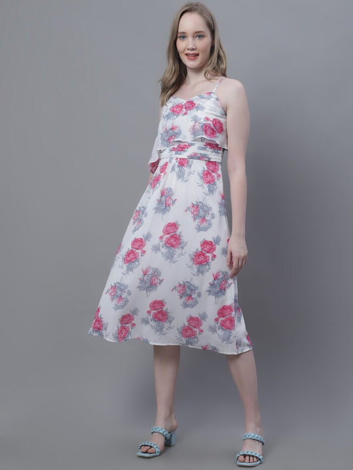 Women's White Printed Shoulder Strap Pleated Midi Dress