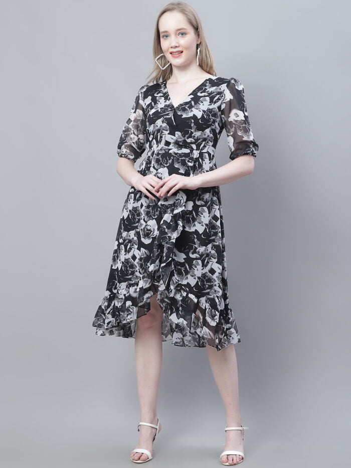 Women's Black Rose Printed Wrap Midi Dress