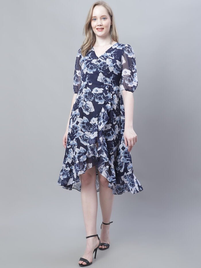 Women's Navy Rose Printed Wrap Midi Dress