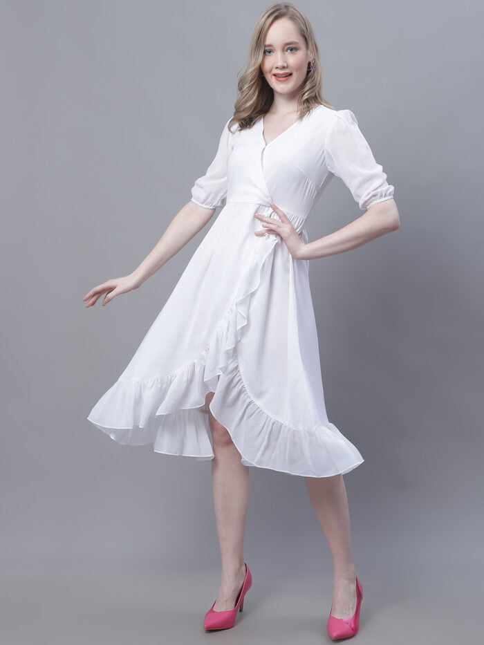 Women's White Solid Color Wrap Midi Dress