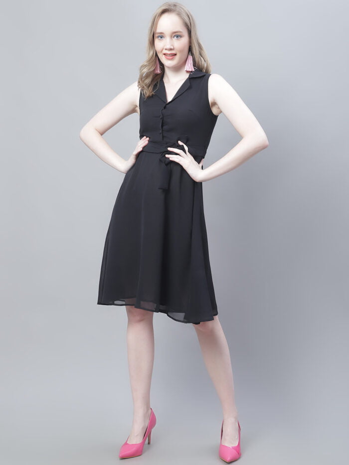 Women's Black Solid Color Shirt Collar Sleeveless Midi Dress