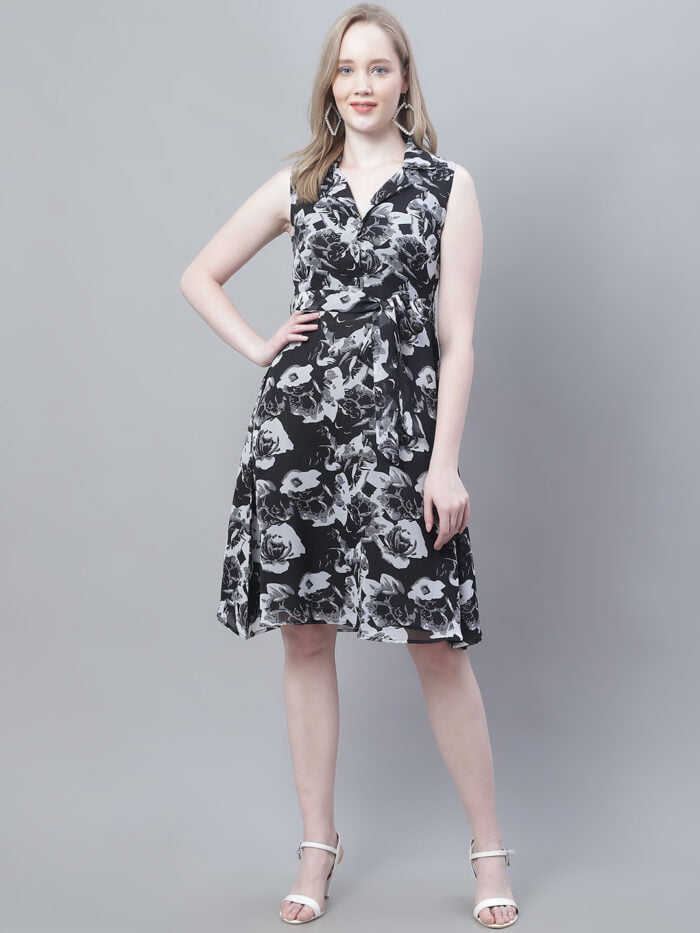 Women's Black Rose Printed Shirt Collar Sleeveless Midi Dress