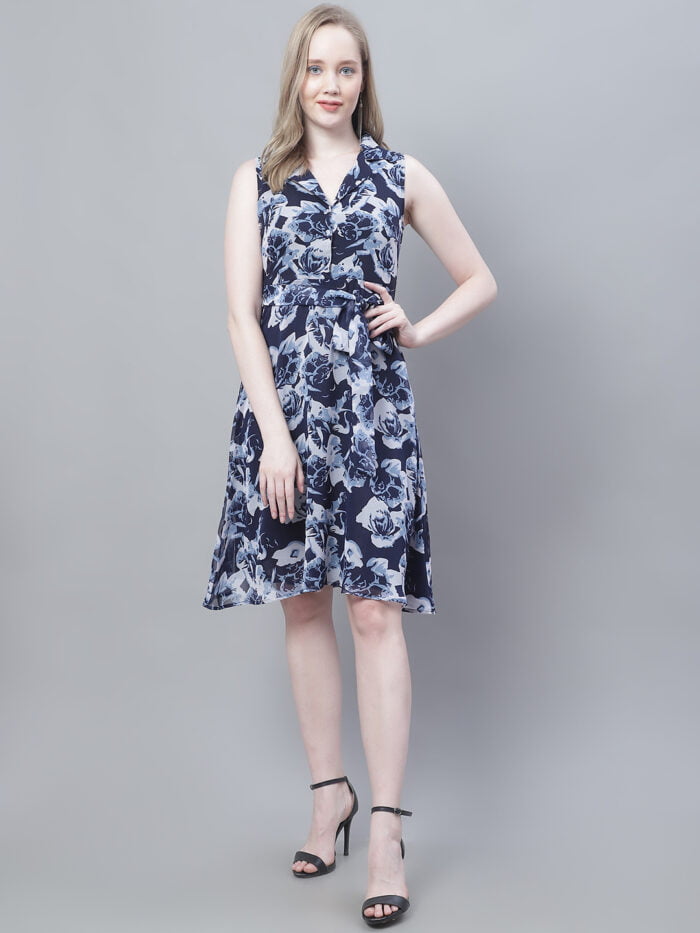 Women's Navy Rose Printed Shirt Collar Sleeveless Midi Dress